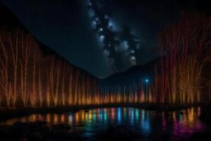 A river under the stars with trees and trees photo