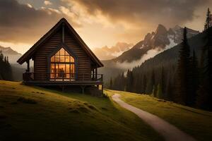A cabin in the mountains with a path leading to it photo