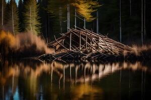 A log cabin is sitting on the shore of a lake photo