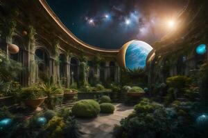 A garden with plants and a planet in the middle photo