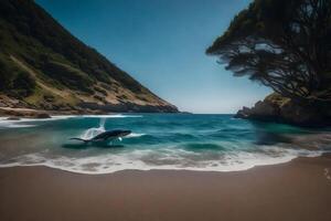 A dolphin jumping out of the water near a beach photo
