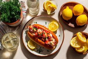 tempting lobster roll in the cozy corner on a cream background, in a clean food photography style photo