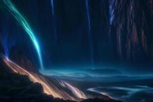 A waterfall in the night with colorful lights photo