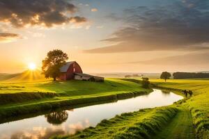A red barn and a river in the middle of a green field at sunset photo
