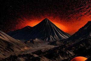 An alien planet with a red sun in the background photo