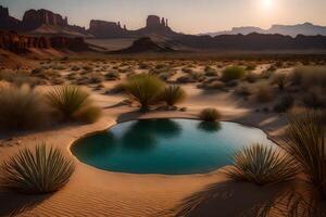 A pool in the desert with a mountain in the background photo