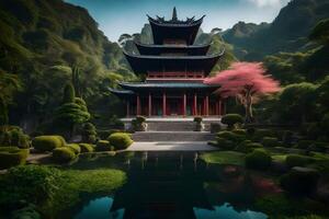 A pagoda sits in the middle of a lush green forest photo