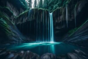 A waterfall in the forest with a blue pool photo