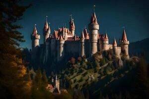 A castle sits on top of a hill with trees photo