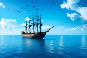 A sailing ship in the ocean with birds flying above photo