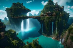 The island is surrounded by waterfalls and trees photo