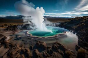 The geyser is the center of the lake, and the water is blue photo