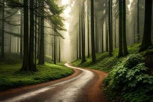 A road in the middle of a forest with trees photo