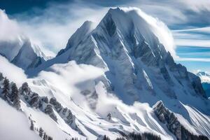 A snowy mountain with clouds and trees photo