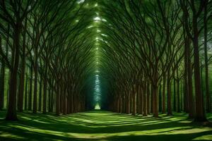 A tunnel of trees in the middle of a forest photo