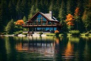 A house on a lake surrounded by trees photo