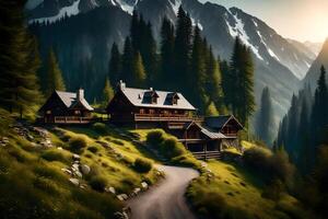 A mountain house in the mountains with a road leading to it photo
