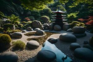 A japanese pagoda in a forest with rocks and water photo