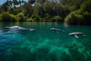 Three manatees swimming in the water near trees photo