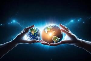Two hands holding up the earth in front of a dark background photo