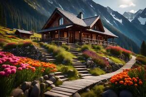 A beautiful mountain cabin with flowers and trees photo