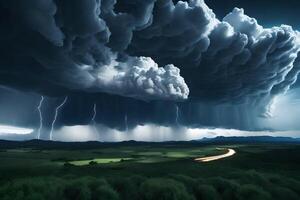 A stormy sky with lightning and clouds over a green field photo
