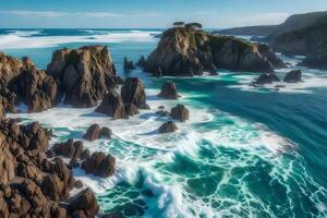 The ocean is surrounded by rocks and waves photo