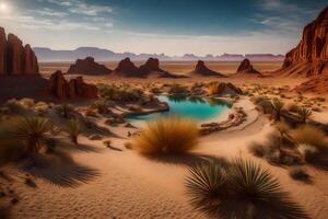A desert landscape with a pool and palm trees photo