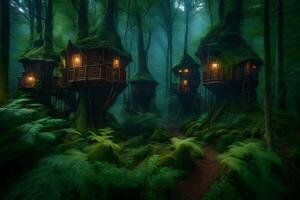 A forest with tree houses in the middle of it photo