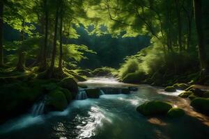 A stream runs through a forest with green trees photo