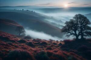 A foggy landscape with trees and hills photo