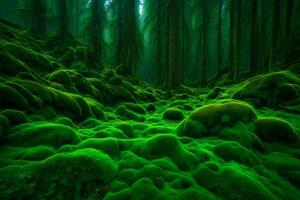 A mossy forest with green moss and trees photo