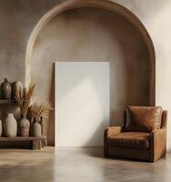 Empty canvas framed in a rustic interior design. photo