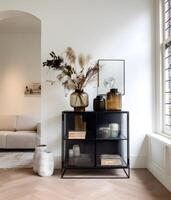 Stylish, modern display cabinet with decorative vases and plants. photo