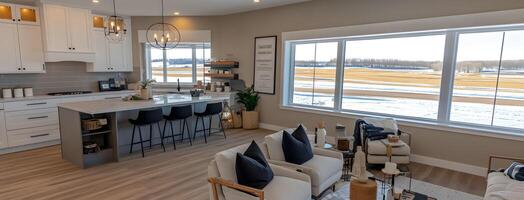 Spacious open concept kitchen and living area with large windows. photo
