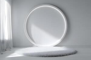 Modern minimalist interior scene with a circular frame. photo