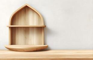 Empty wooden arched display shelf against a plain wall. photo