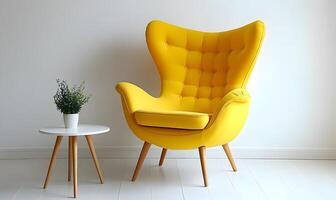 Stylish, yellow wingback armchair and small table in a modern interior. photo