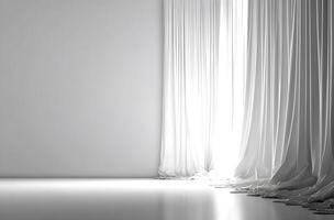 Empty room with white curtains, bright light streaming through. photo