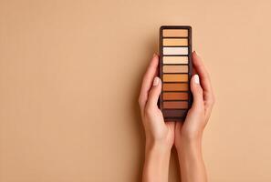 Hands holding a neutral eyeshadow palette. photo