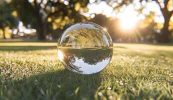 Crystal sphere reflecting a park scene on a grassy lawn. photo