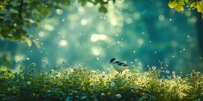 A small bird stands amidst vibrant greenery in a tranquil forest setting. photo