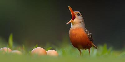 A small bird with open beak on a grassy area. photo