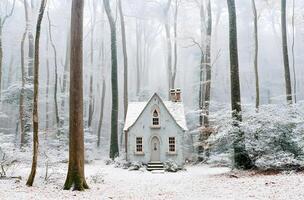 A quaint, light-blue cottage nestled within a snowy forest. photo