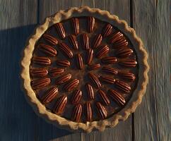 Pecan pie with a decorative arrangement of nuts. photo