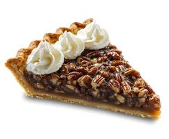Pecan pie slice topped with whipped cream. photo
