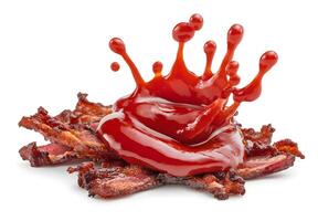 Crispy bacon strips drizzled with a splash of red sauce. photo