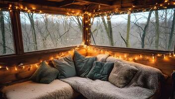 Cozy couch with warm lights and a forest view. photo