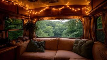 Cozy camper interior with a view of a lush forest. photo