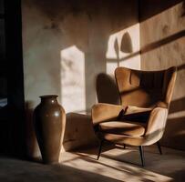 A sun-drenched room, featuring a plush armchair and a decorative vase. photo